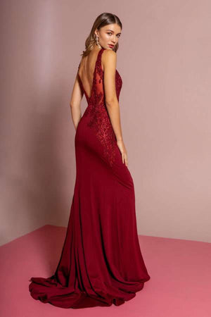 Lace open back Rome jersey gown dress with elegant silhouette