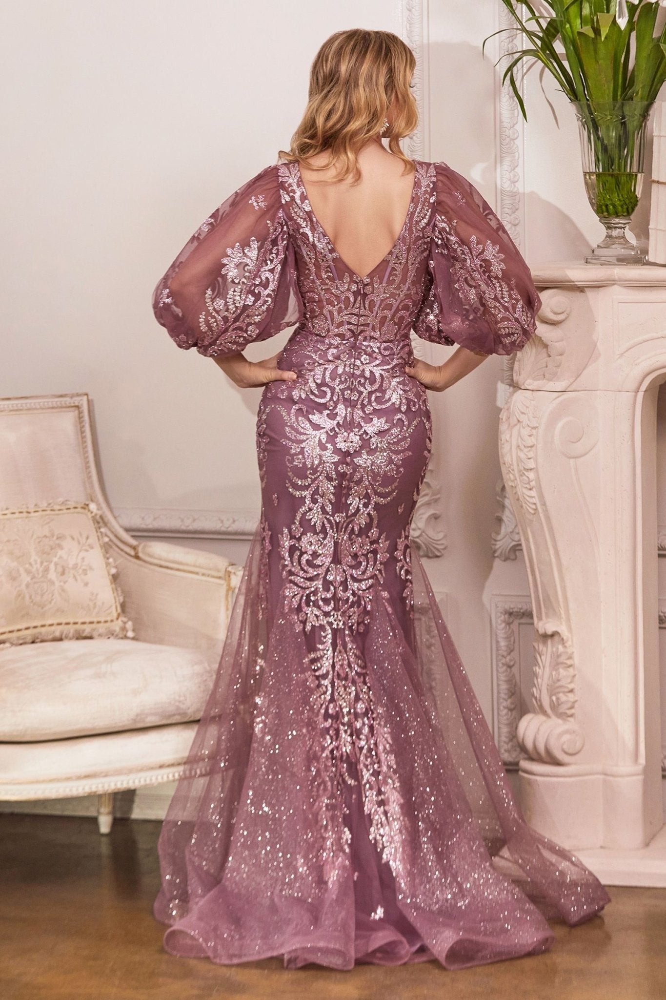 Champagne & Mauve Sequin Mesh Gown with Puff Sleeves | Elegant V-Neck Mermaid Dress  CDOC009-4