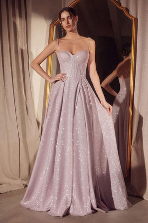 Elegant A-line evening dress with glitter-dusted fabric and graceful flowing design