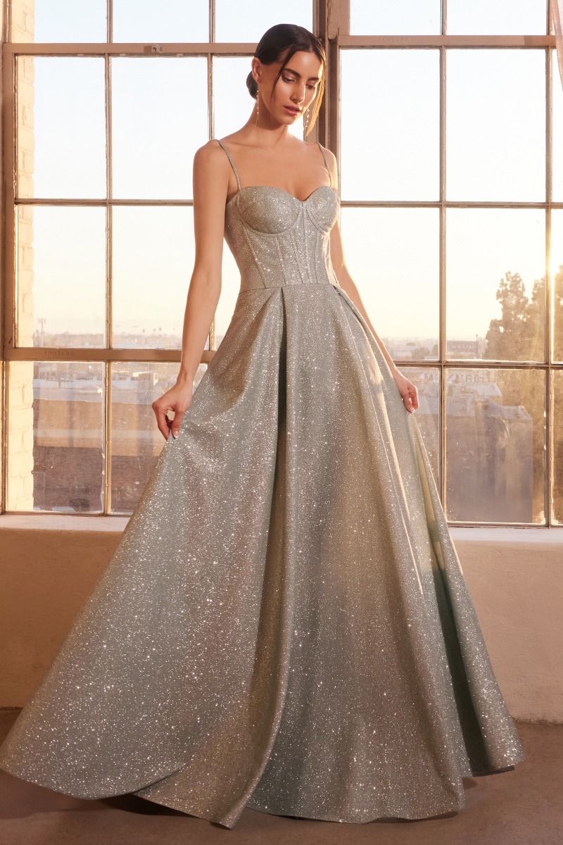Elegant A-line evening dress with glitter-dusted fabric and graceful flowing design
